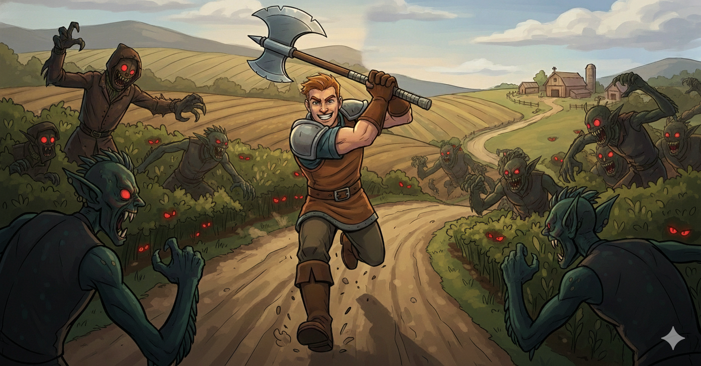 Tony runs toward a farm with monsters emerging from the fields