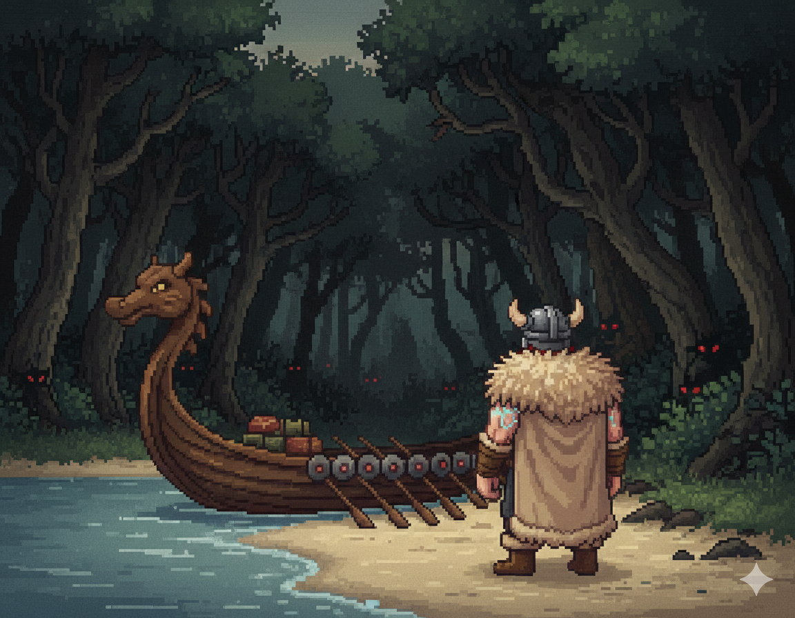 Tony arrives by longboat near a sinister forest